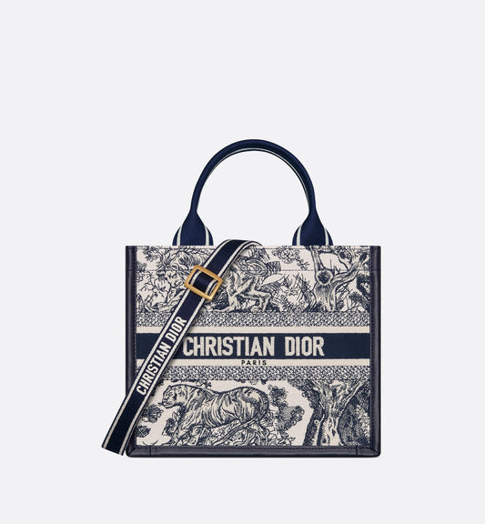 Small Luxury Dior Book Tote White And Navy Blue Toile De Jouy Sauvage Embroidery With Navy Blue Calfskin