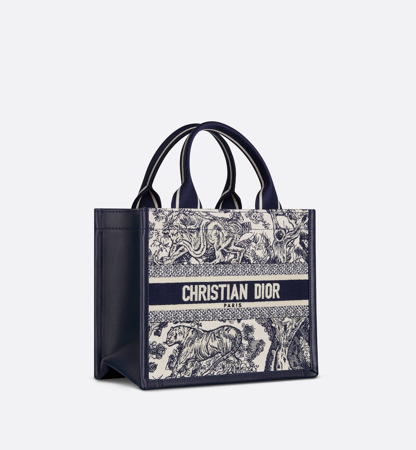 Small Luxury Dior Book Tote White And Navy Blue Toile De Jouy Sauvage Embroidery With Navy Blue Calfskin