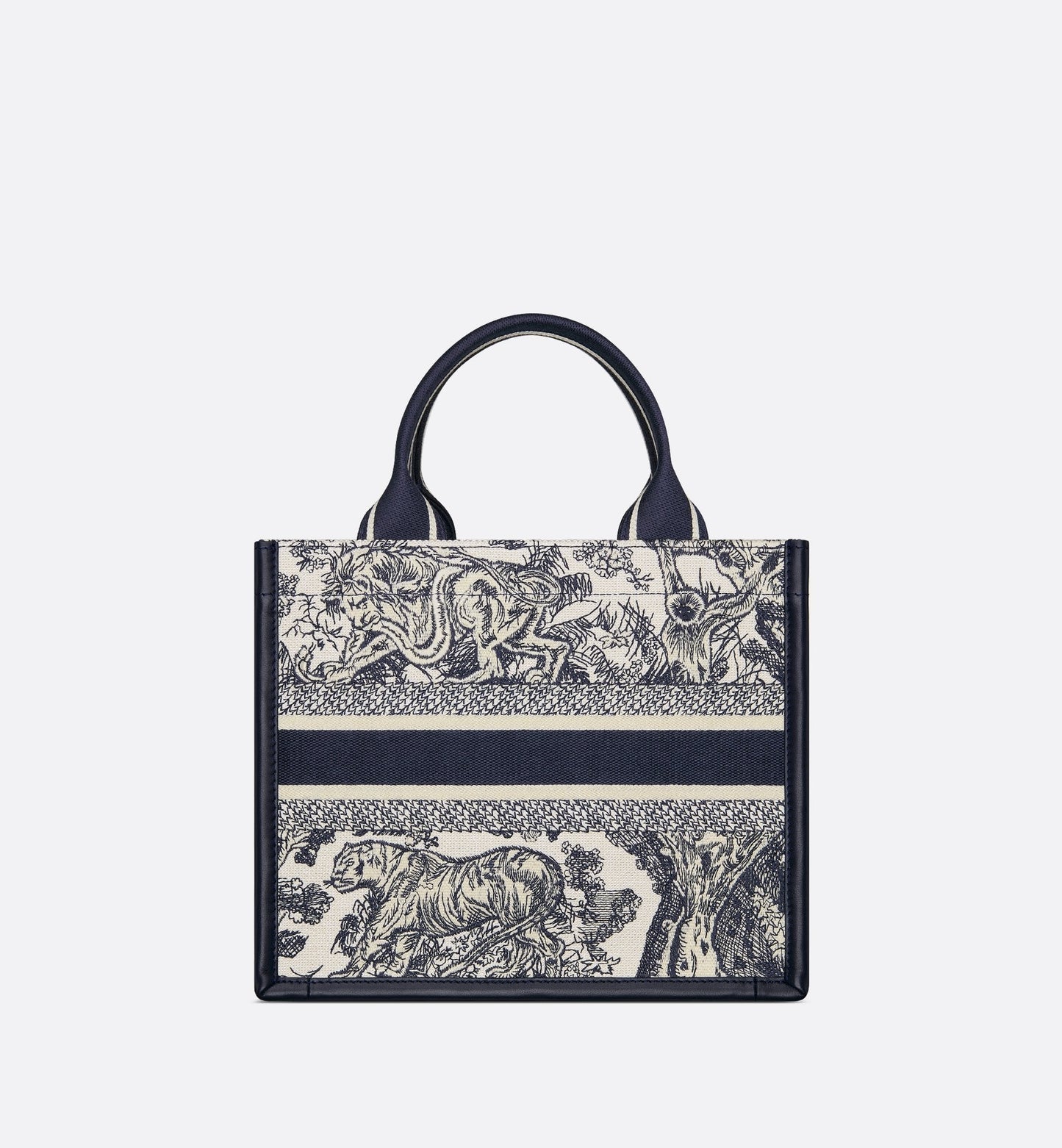Small Luxury Dior Book Tote White And Navy Blue Toile De Jouy Sauvage Embroidery With Navy Blue Calfskin