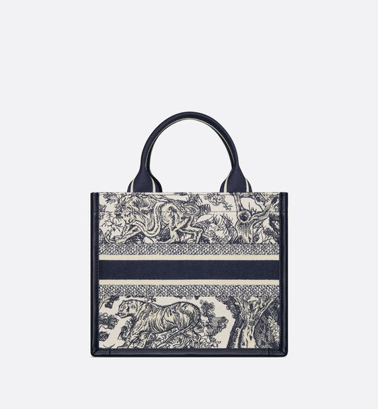 Small Luxury Dior Book Tote White And Navy Blue Toile De Jouy Sauvage Embroidery With Navy Blue Calfskin