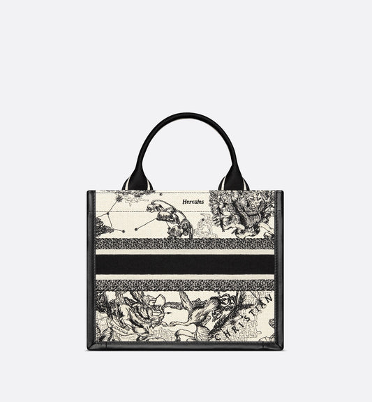 Small Luxury Dior Book Tote Latte And Black Luxury Dior Zodiac Embroidery With Black Calfskin
