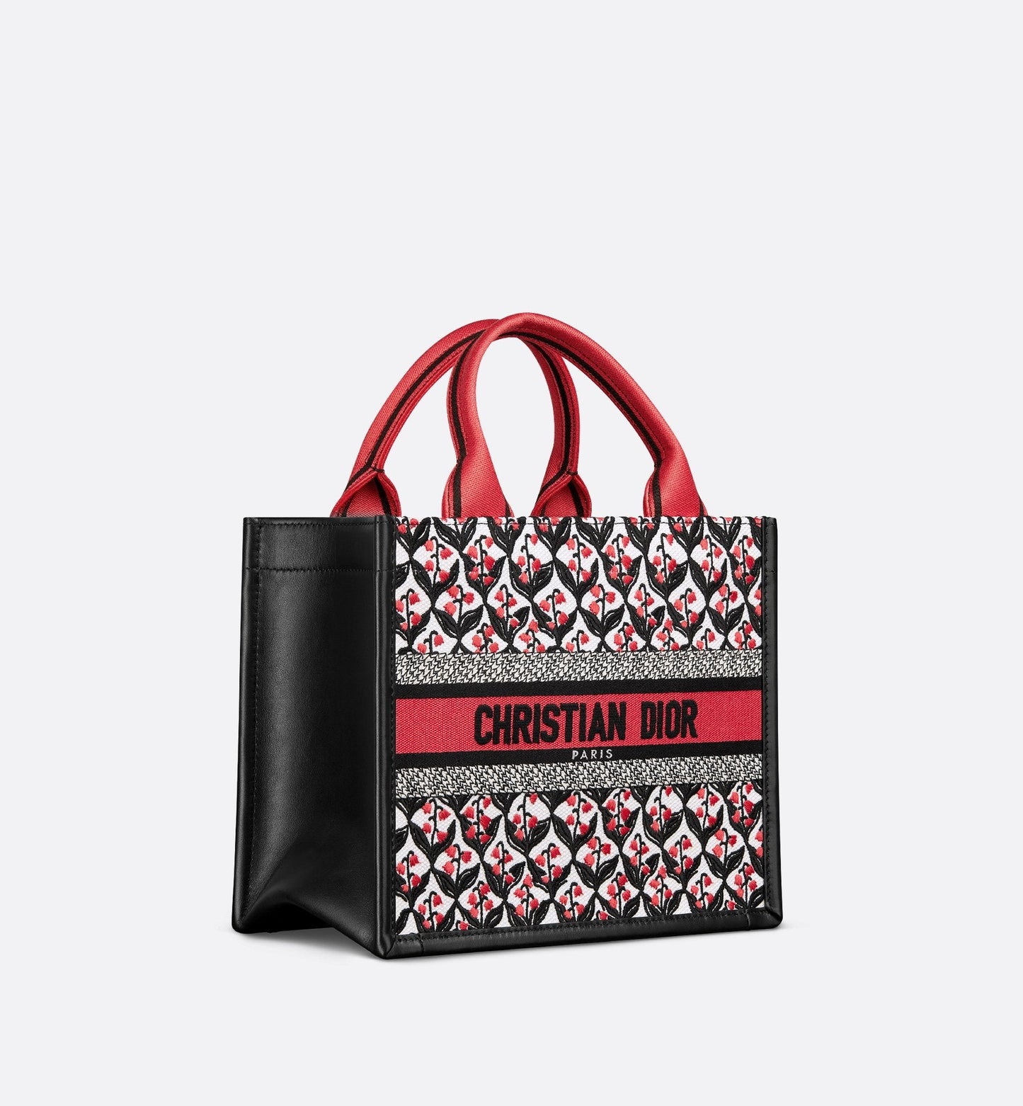 Luxury Dioramour Small Luxury Dior Book Tote White Black And Red Luxury Dior Lily Of The Valley Embroidery With Black Calfskin