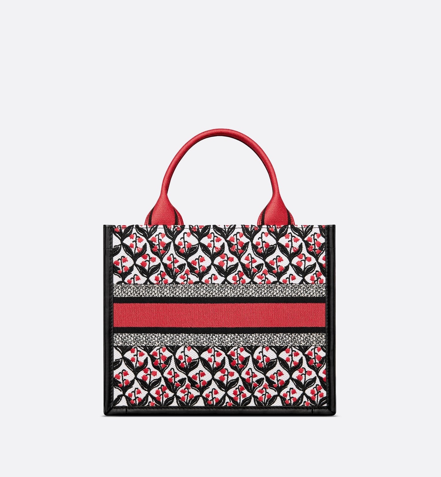 Luxury Dioramour Small Luxury Dior Book Tote White Black And Red Luxury Dior Lily Of The Valley Embroidery With Black Calfskin