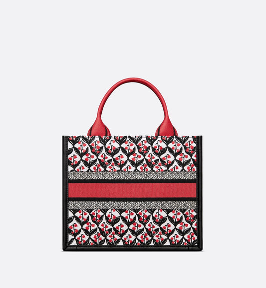 Luxury Dioramour Small Luxury Dior Book Tote White Black And Red Luxury Dior Lily Of The Valley Embroidery With Black Calfskin