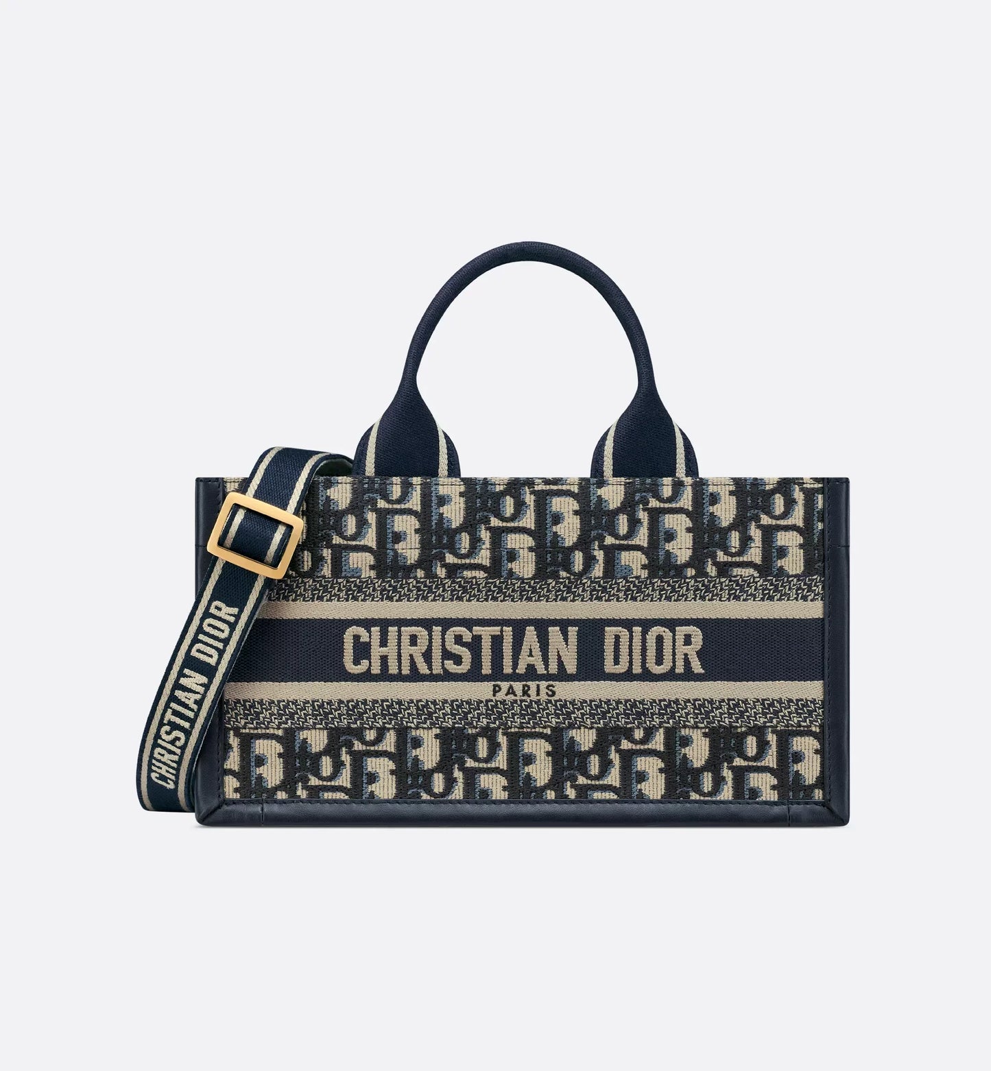 East-West Luxury Dior Book Tote with strap Blue Luxury Dior Oblique Embroidery and Calfskin