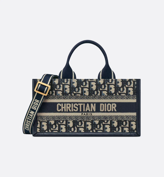 East-West Luxury Dior Book Tote with strap Blue Luxury Dior Oblique Embroidery and Calfskin