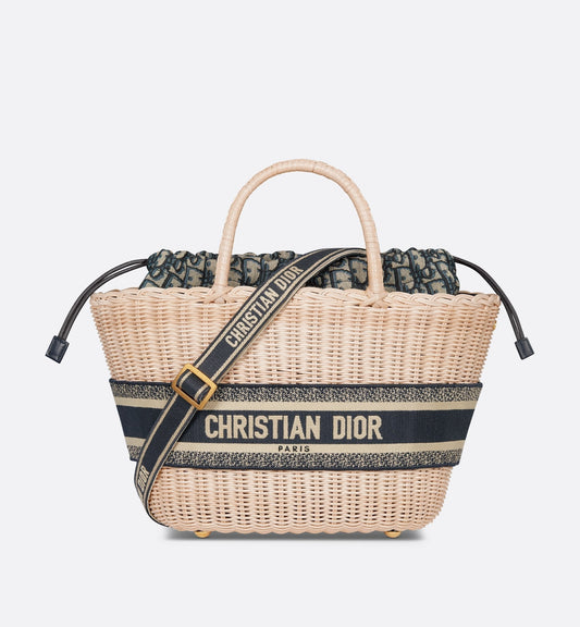 Hat Basket Bag Natural Wicker And Blue Luxury Dior Oblique Jacquard