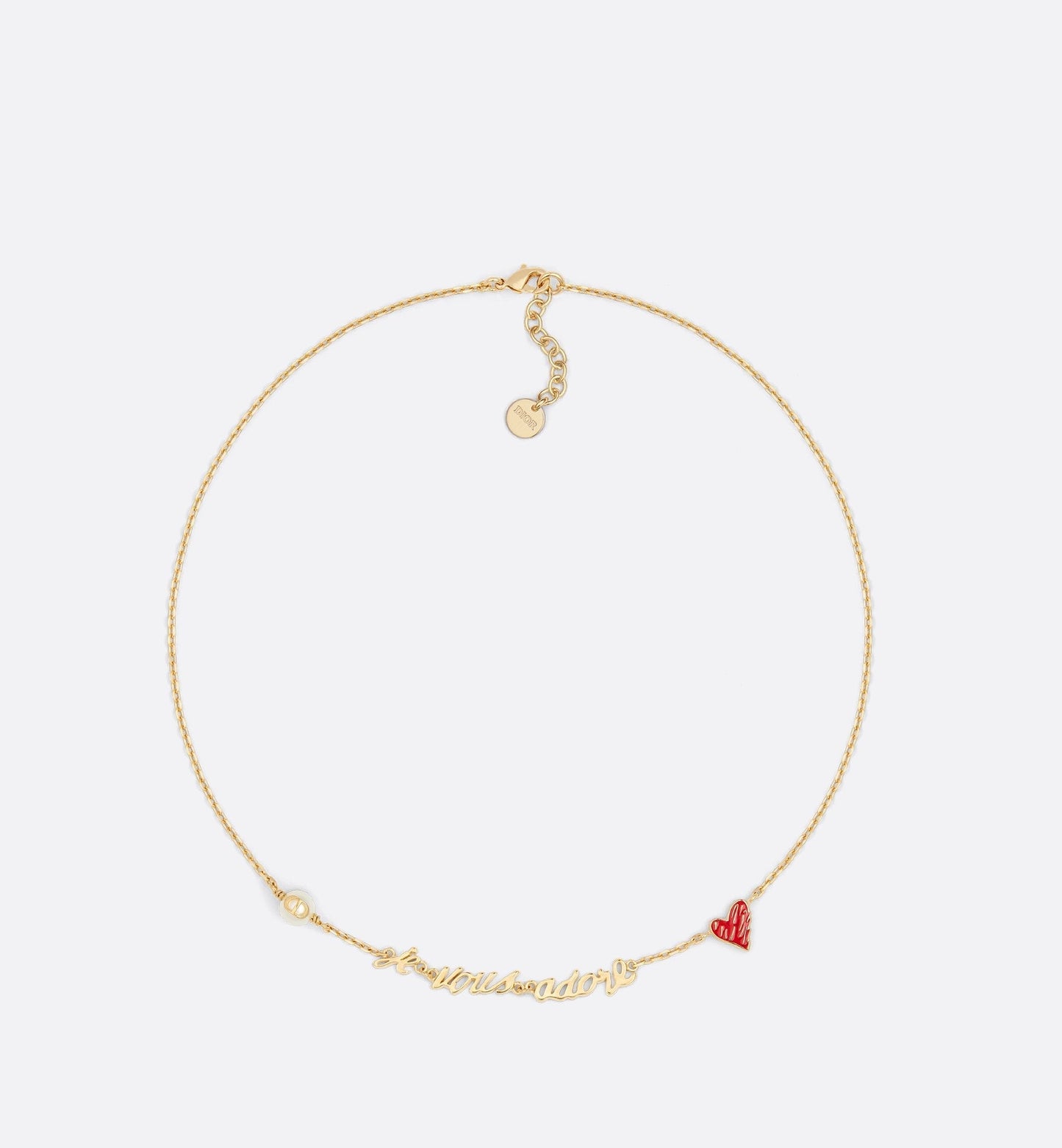 Luxury Dioramour Je Vous Adore Necklace Gold Finish Metal With White Resin Pearl And Red Lacquer
