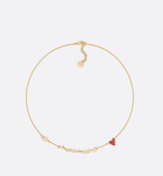 Luxury Dioramour Je Vous Adore Necklace Gold Finish Metal With White Resin Pearl And Red Lacquer