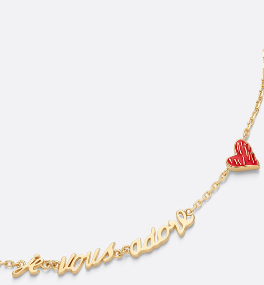 Luxury Dioramour Je Vous Adore Necklace Gold Finish Metal With White Resin Pearl And Red Lacquer