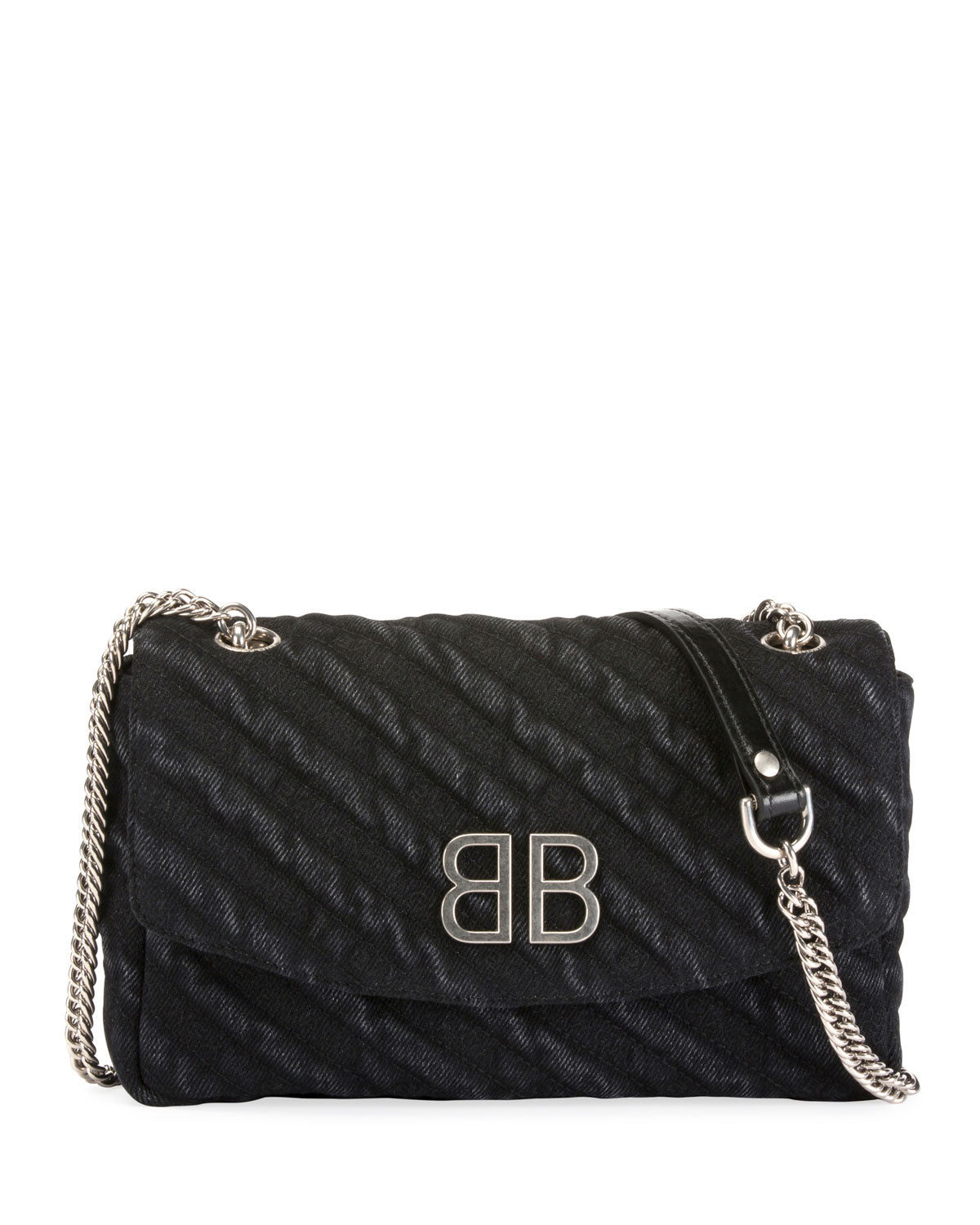 BALENCIAGA BB CHAIN DESTROYED DENIM CROSSBODY BAG