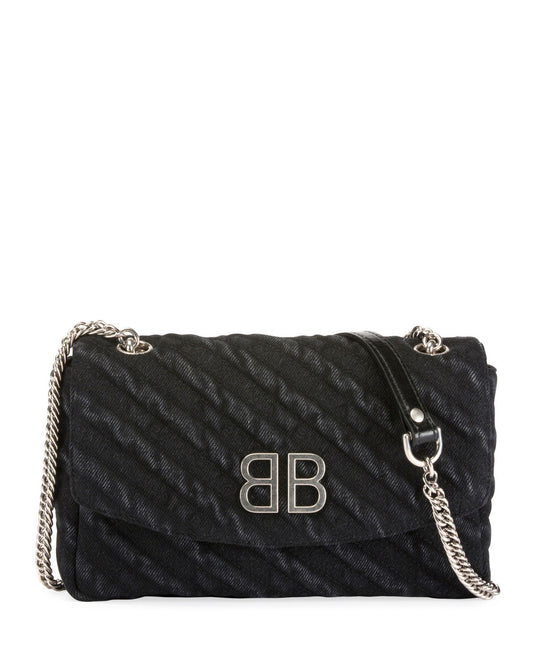 BALENCIAGA BB CHAIN DESTROYED DENIM CROSSBODY BAG