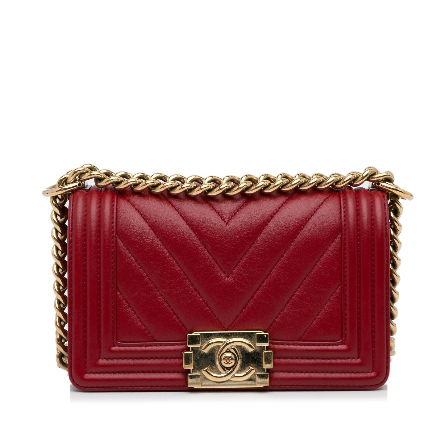 Luxury Chanel Boy Flap Medium Red Chevron Lambskin Gold