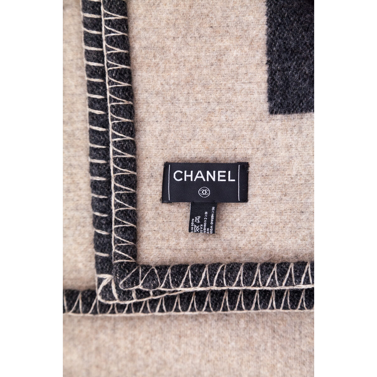 Chanel Taupe and Black Wool and Cashmere CC Blanket