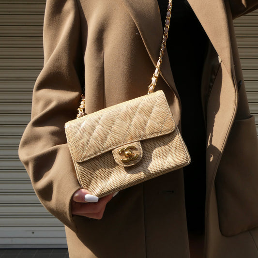 CHANEL 1991-1994 Classic Square Flap Mini Beige Lizard 47683