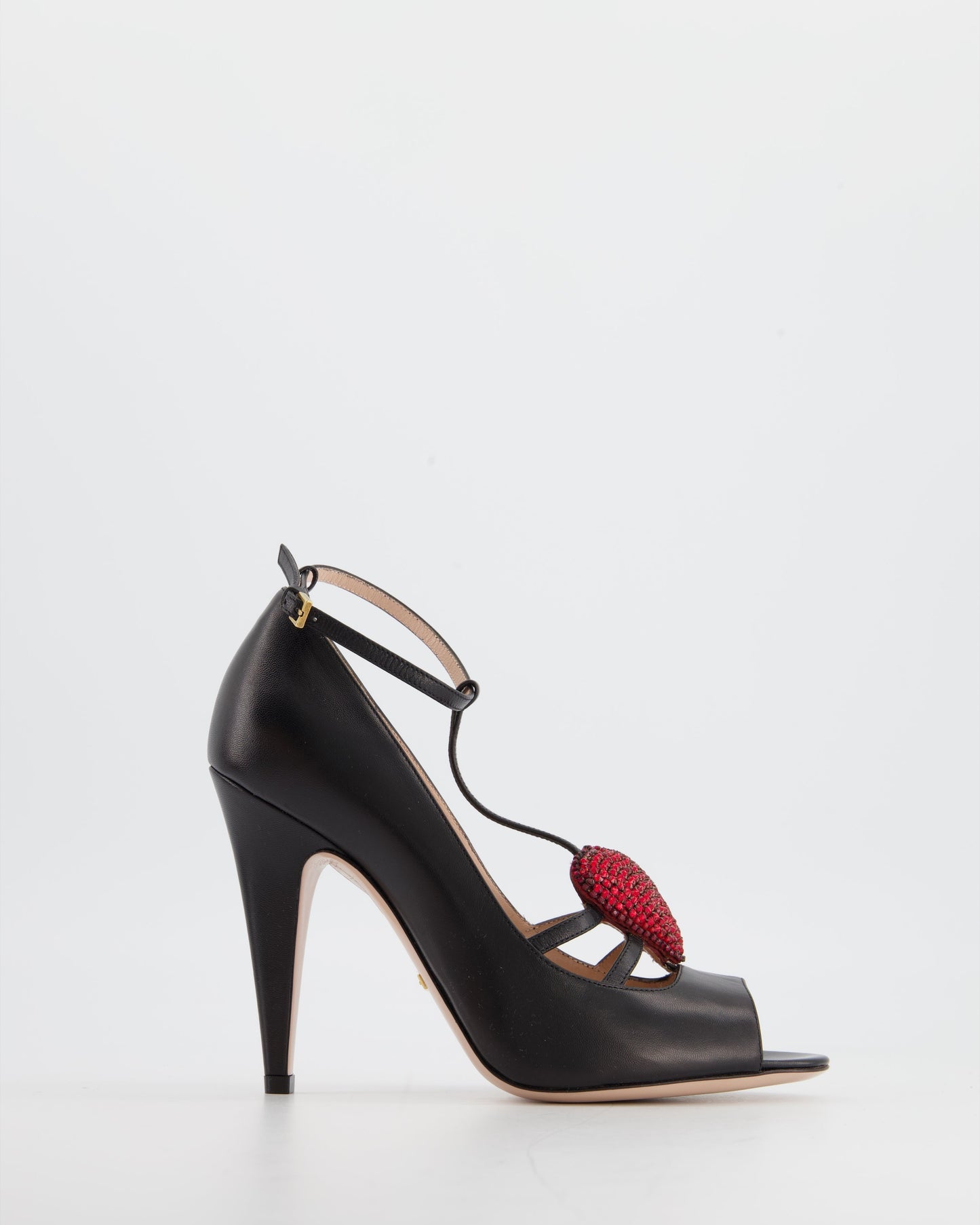 Luxury Gucci Trending 2025 Black Leather Heels With Heart Detail Size 37.5