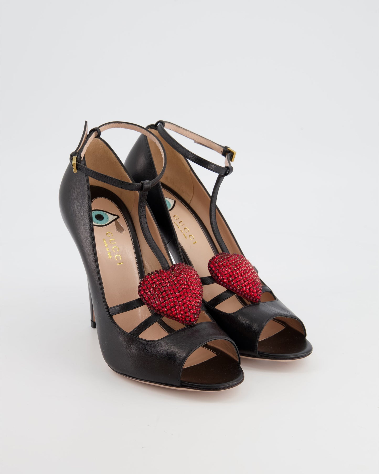 Luxury Gucci Trending 2025 Black Leather Heels With Heart Detail Size 37.5