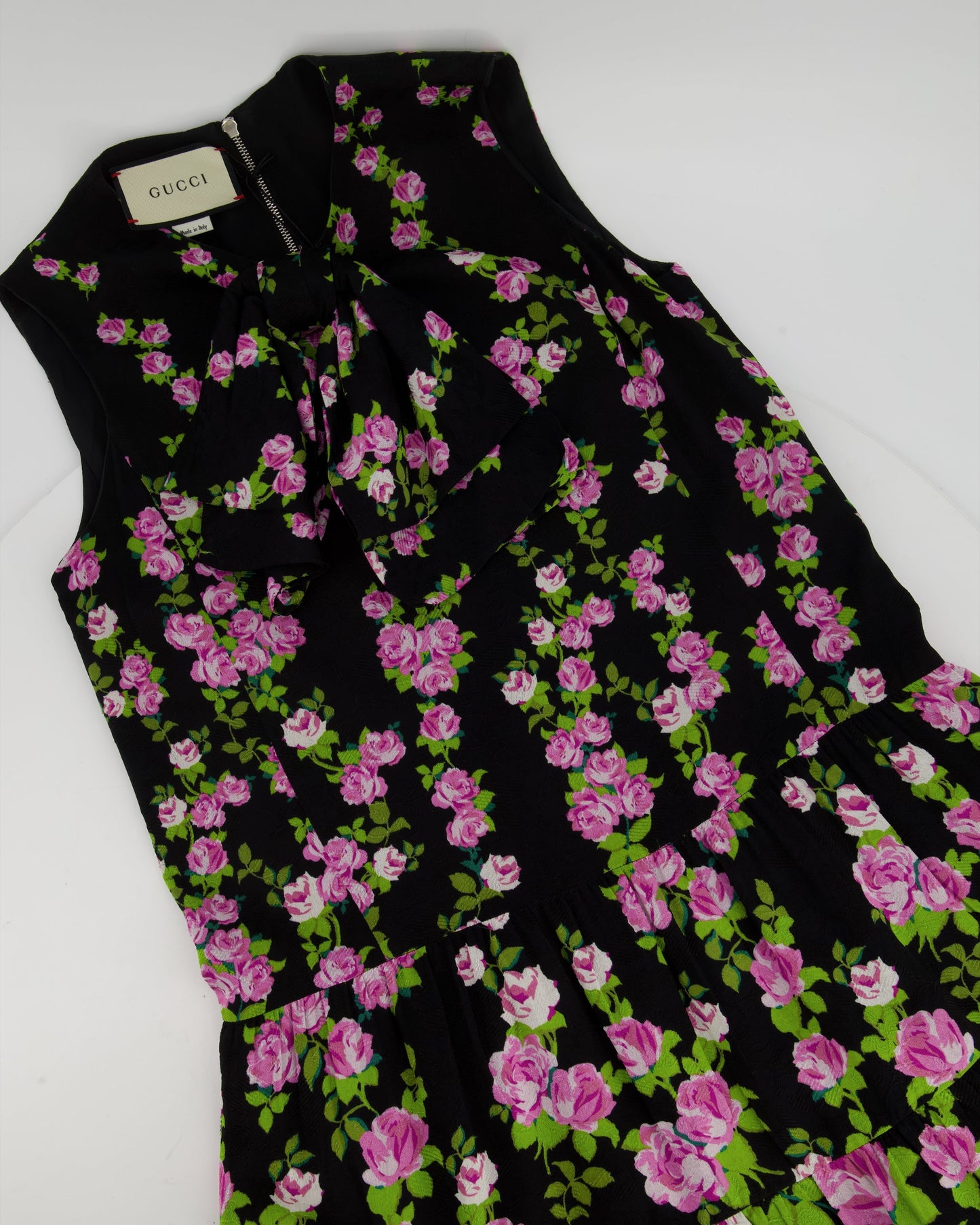 Luxury Gucci Black and Print Rose Printed Bow Dress Size IT 38 (UK 6)