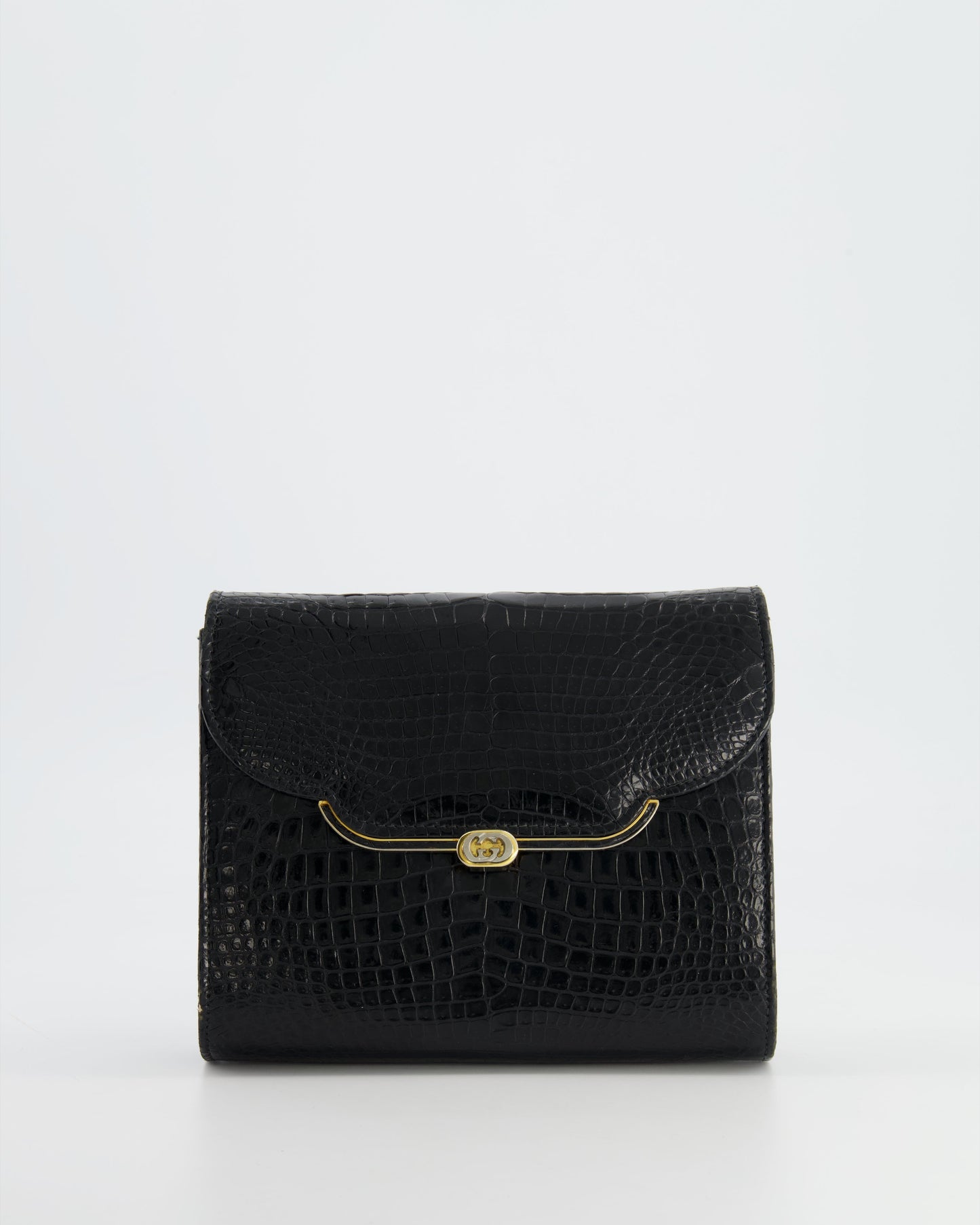 Luxury Gucci Vintage Black Crocodile Leather GG Clutch Bag