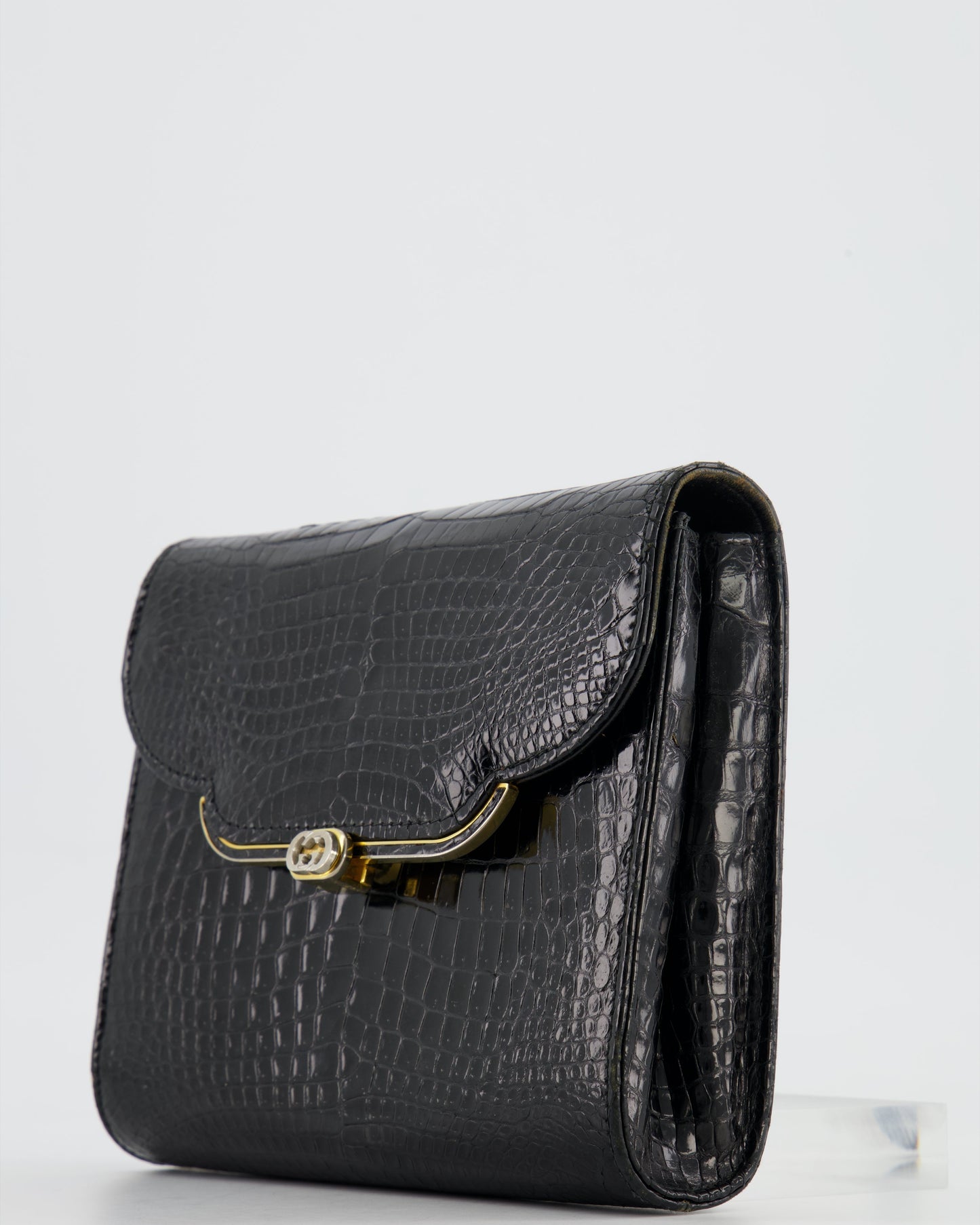 Luxury Gucci Vintage Black Crocodile Leather GG Clutch Bag