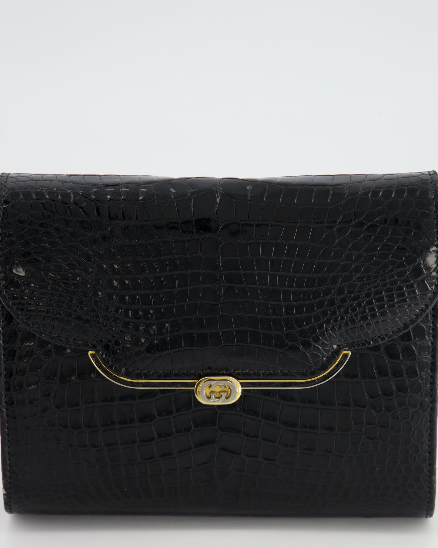 Luxury Gucci Vintage Black Crocodile Leather GG Clutch Bag