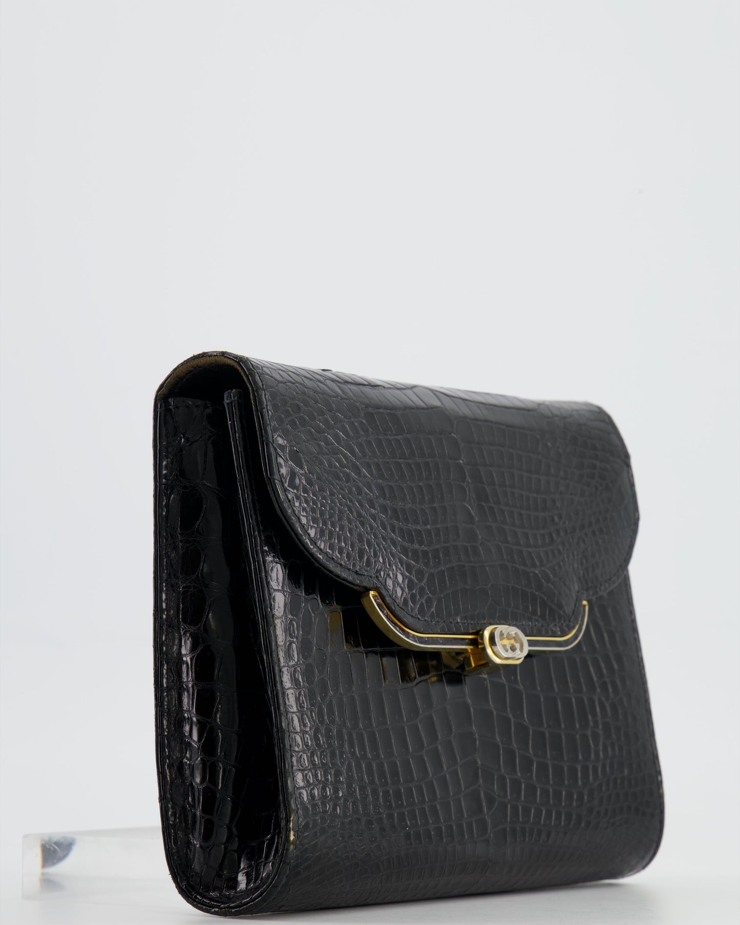 Luxury Gucci Vintage Black Crocodile Leather GG Clutch Bag