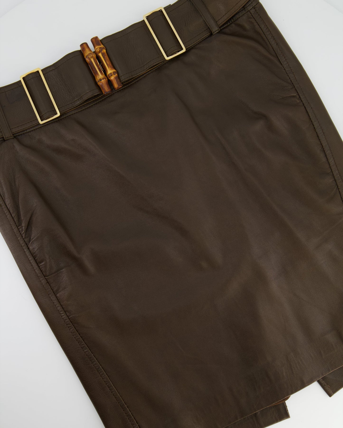 Luxury Gucci Trending 2025 Brown Leather Skirt with Bamboo Belt Detail Size IT 44 (UK 12)