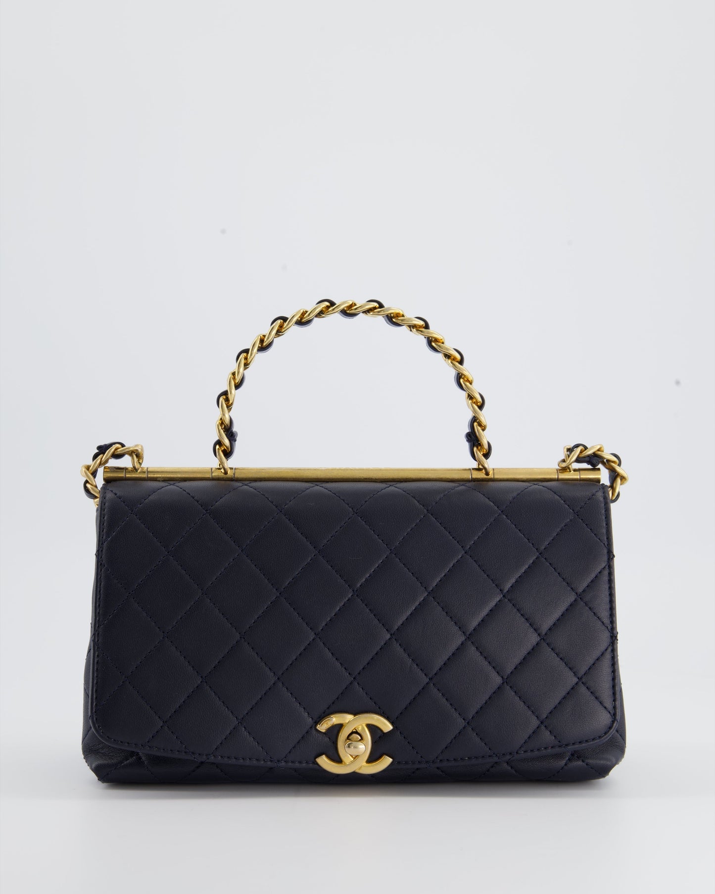 Chanel Navy Top Handle Bag in Lambskin with Brushed Gold Hardware