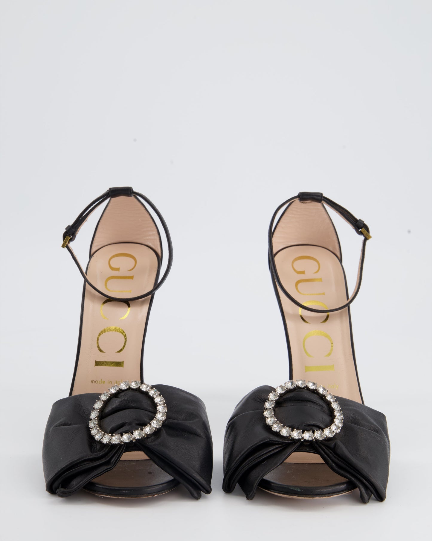Luxury Gucci Trending 2025 Black Leather Heels With Bow Crystal Detailing Size EU 38