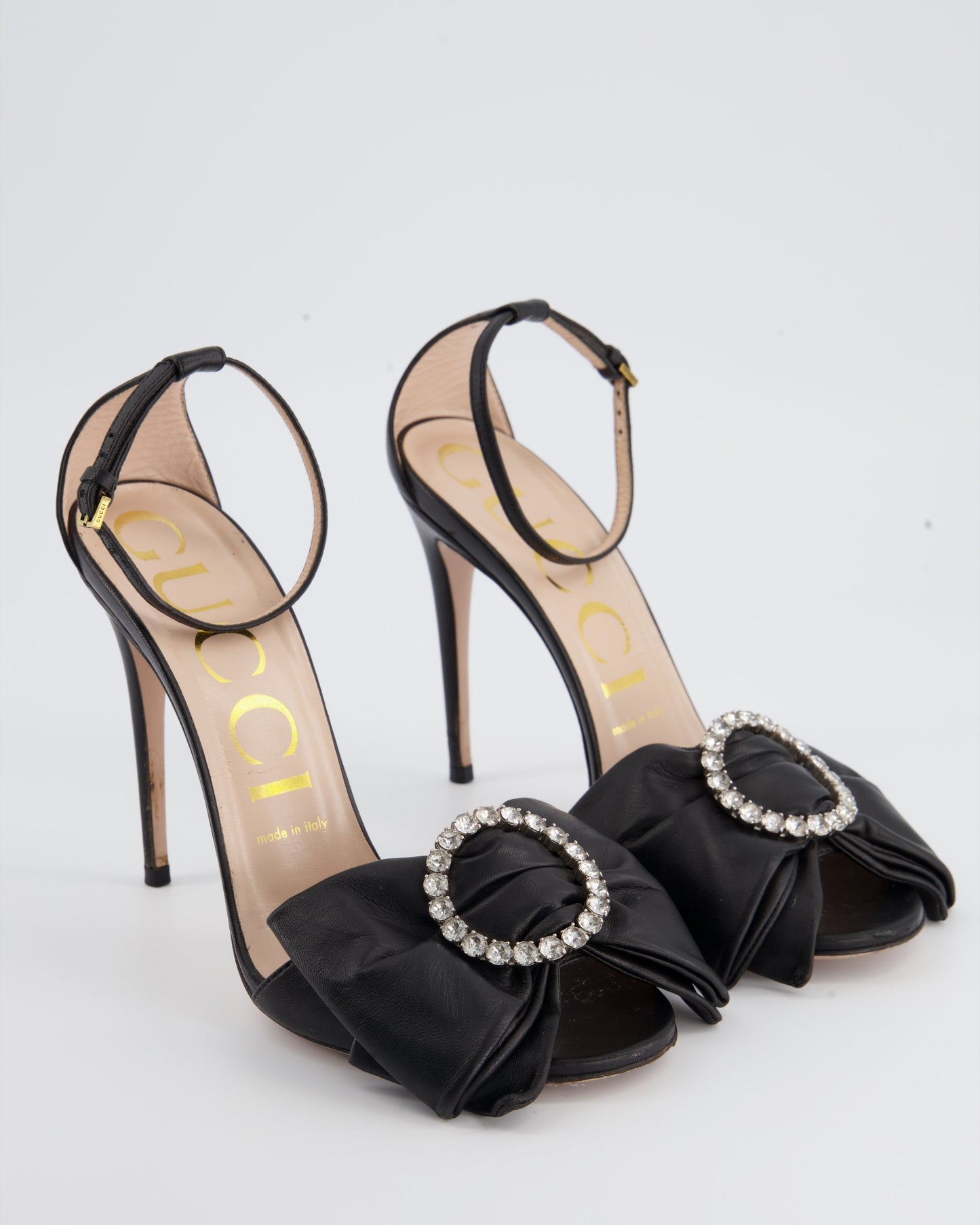 Luxury Gucci Trending 2025 Black Leather Heels With Bow Crystal Detailing Size EU 38