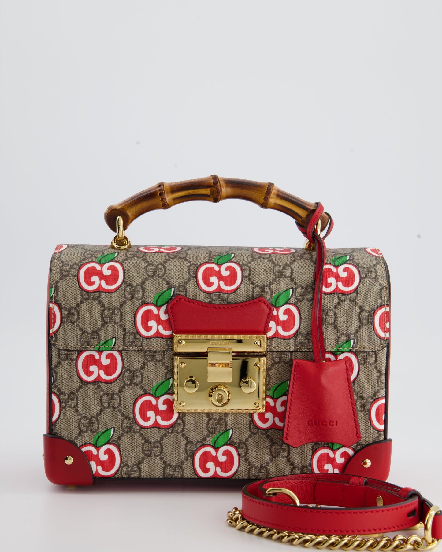 Luxury Gucci GG Supreme Padlock Apple Monogram Shoulder Bag with Bamboo Handle and Gold Hardware