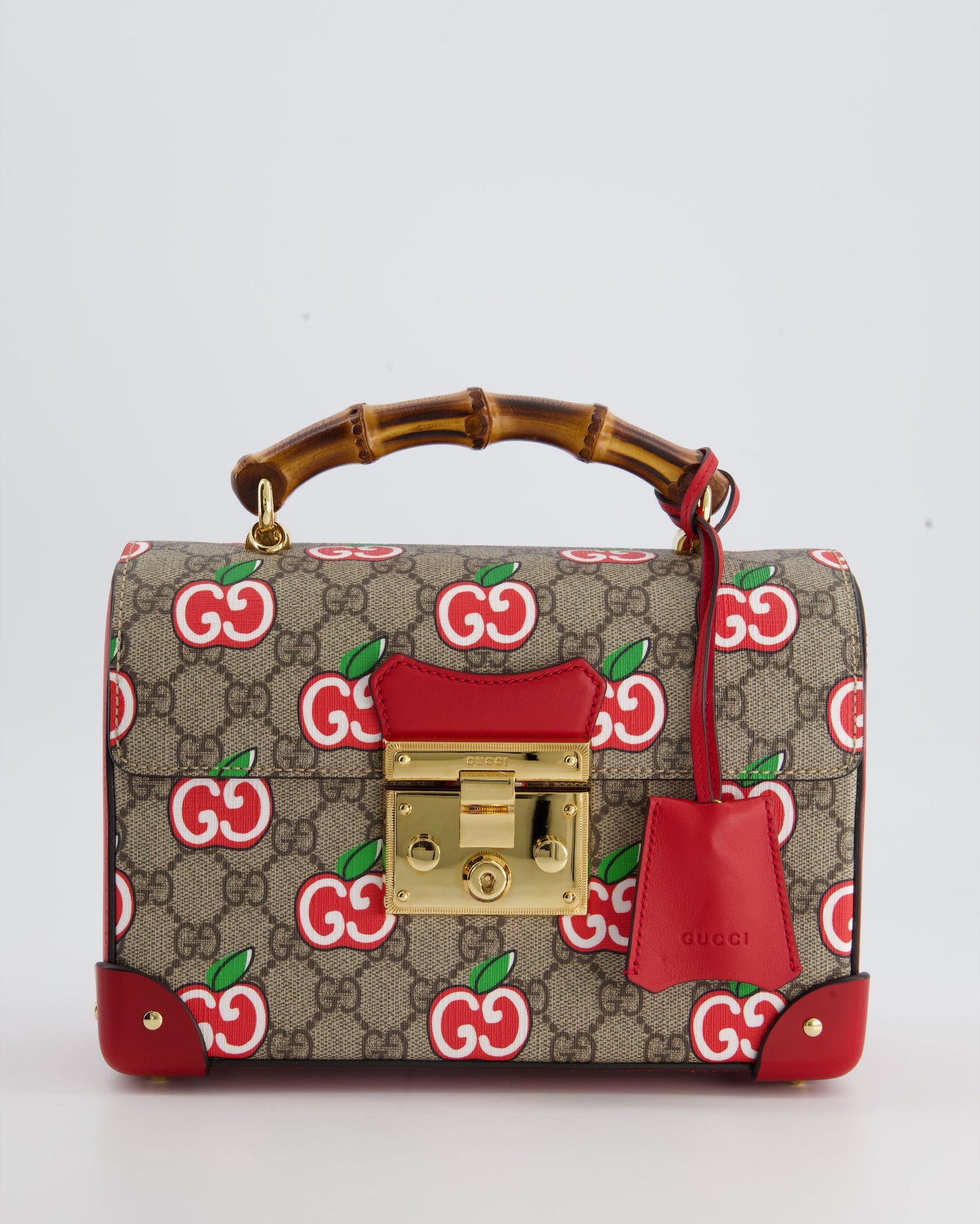 Luxury Gucci GG Supreme Padlock Apple Monogram Shoulder Bag with Bamboo Handle and Gold Hardware