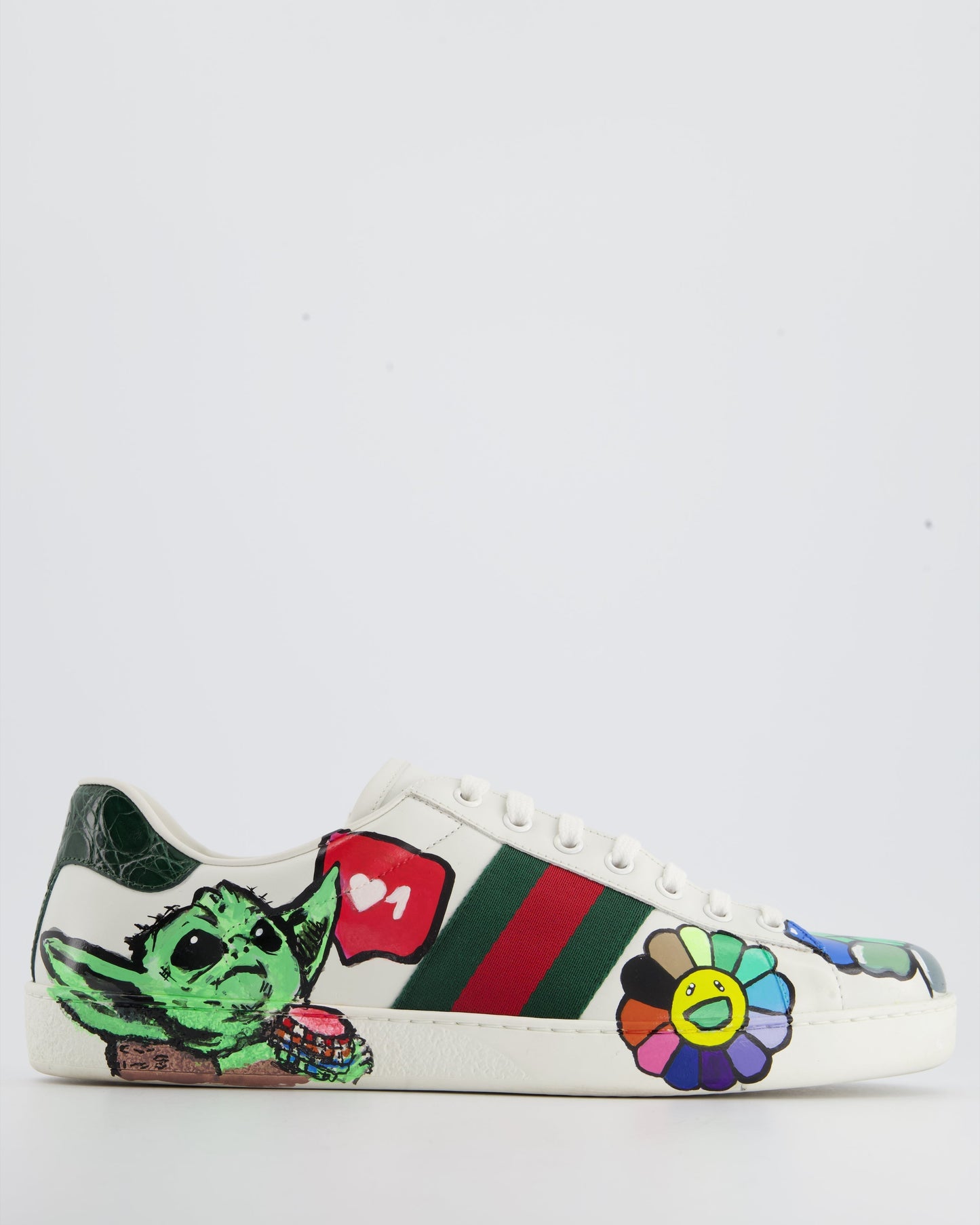 Luxury Gucci White Ace Custom Painted Leather Trainers Mens Size EU 43