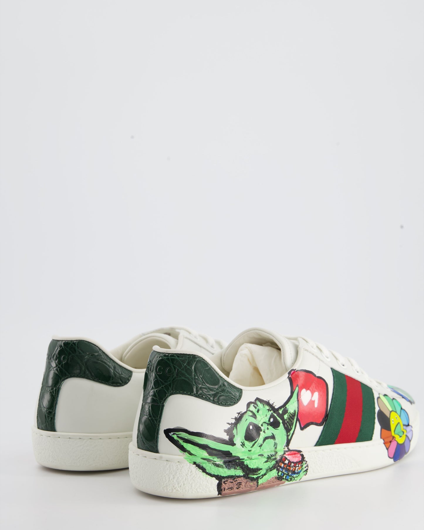Luxury Gucci White Ace Custom Painted Leather Trainers Mens Size EU 43