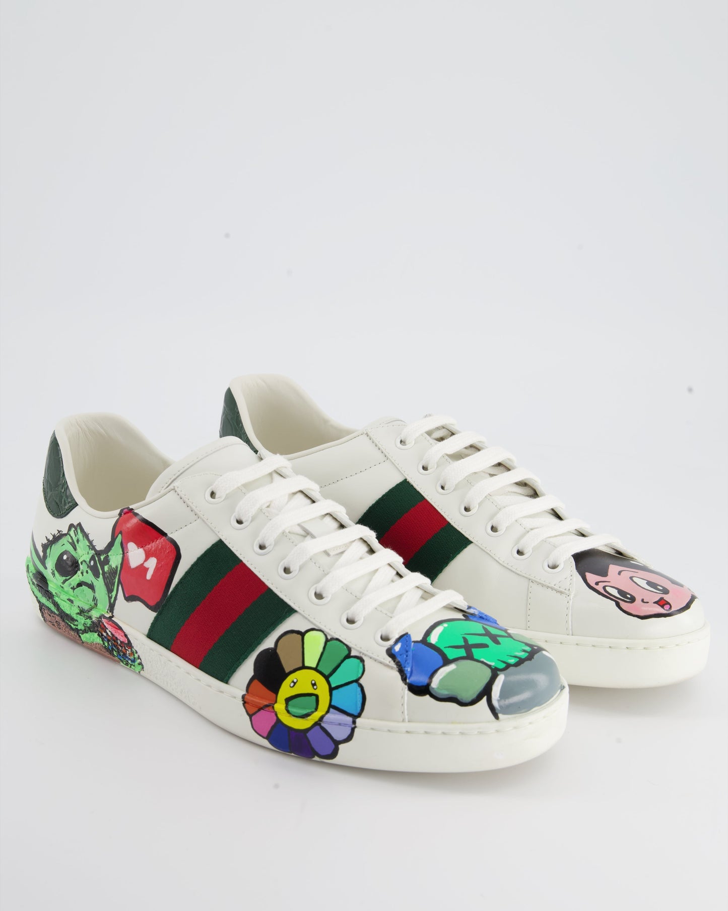 Luxury Gucci White Ace Custom Painted Leather Trainers Mens Size EU 43