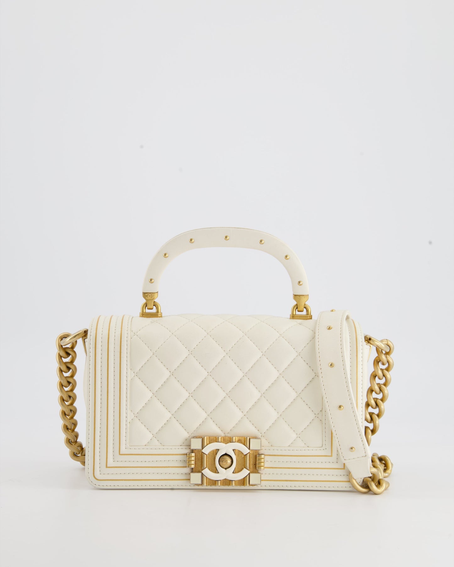 Chanel White and Gold Small Top Handle Boy Bag in Lambskin Leather with Brushed Gold Hardware