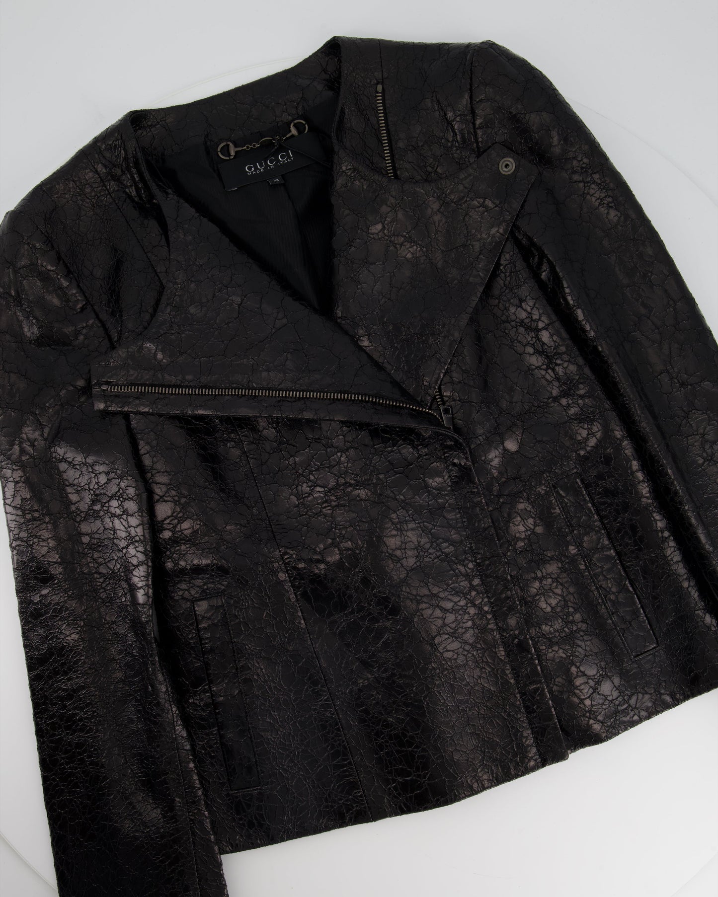 Luxury Gucci Black Lambskin Leather Jacket with Cracked Leather Effect Size IT 38 (UK 6)