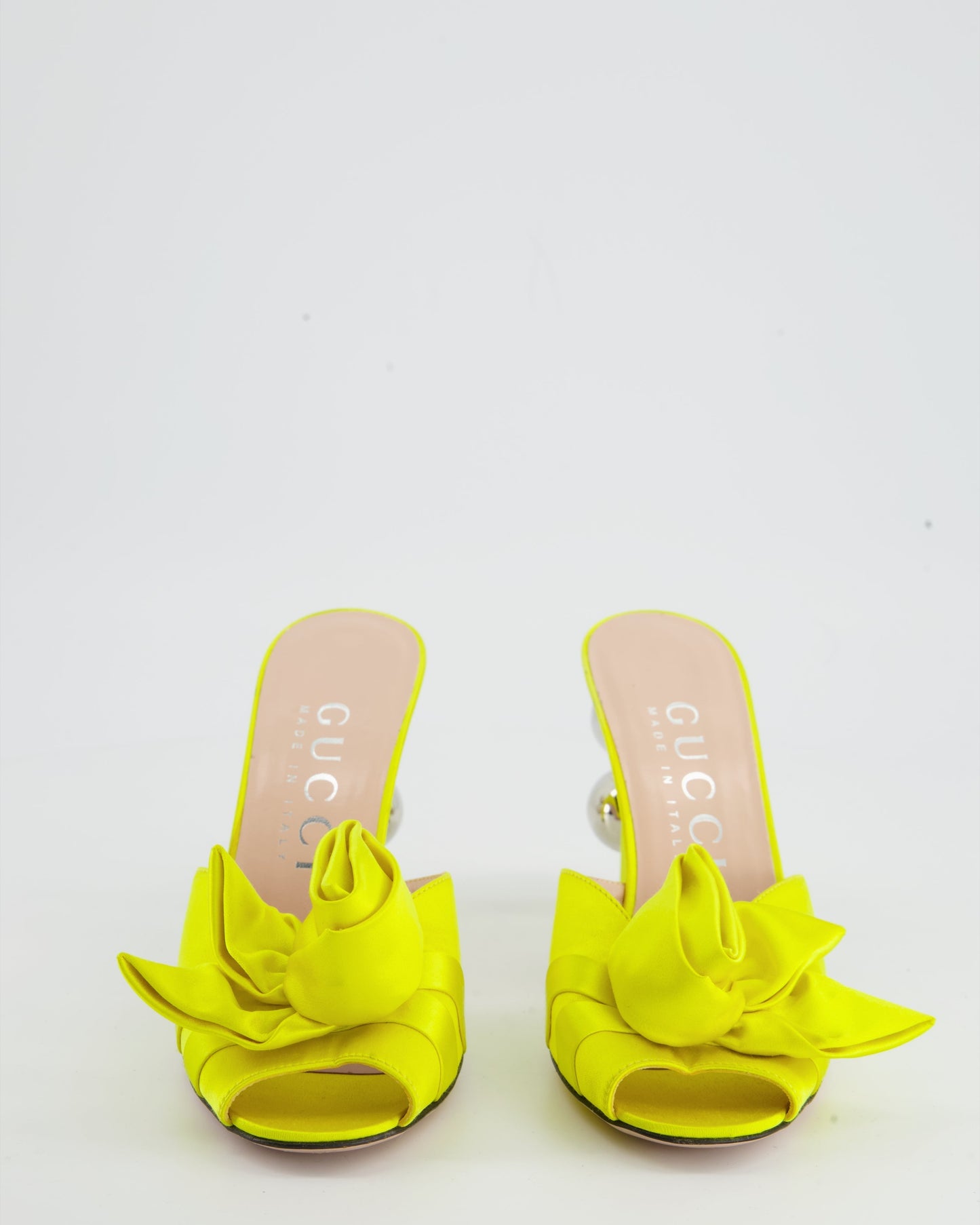 Luxury Gucci Neon Yellow Satin Rose Mules with GG Detailing Size EU 37.5
