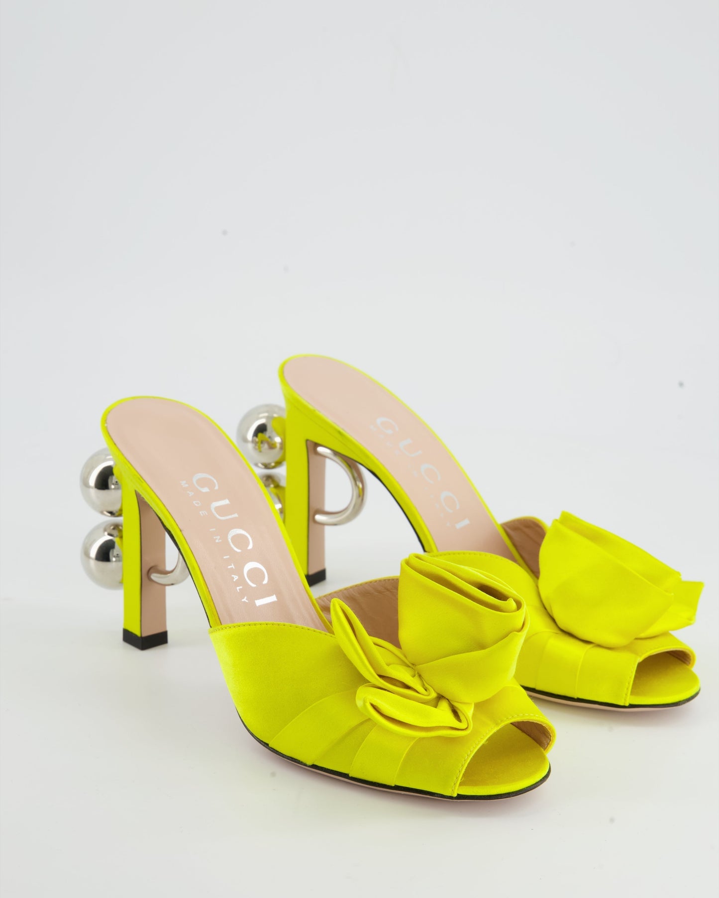 Luxury Gucci Neon Yellow Satin Rose Mules with GG Detailing Size EU 37.5