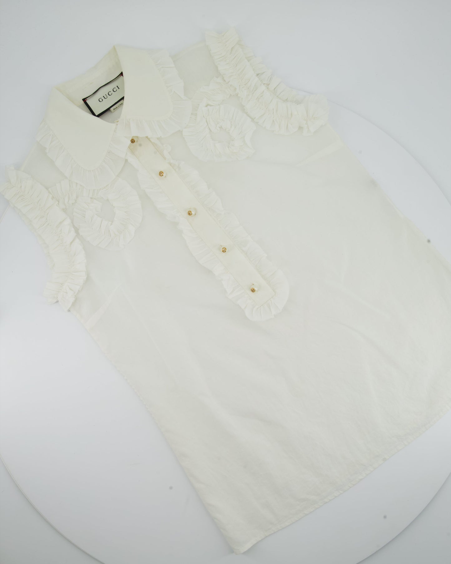 Luxury Gucci White Ruched Short Sleeve Blouse with Pearl GG Detailing IT 38 (UK 6)