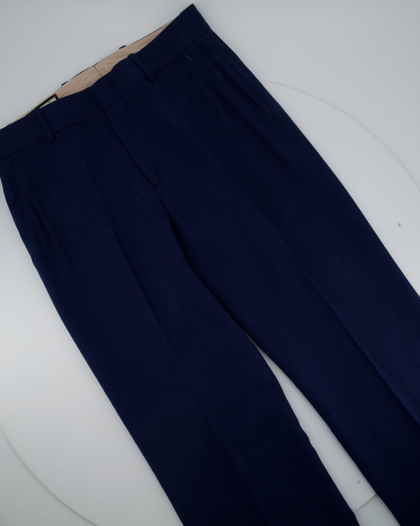 Luxury Gucci Navy Blue Linen Tailored Suit Trousers IT 40 (UK 8)