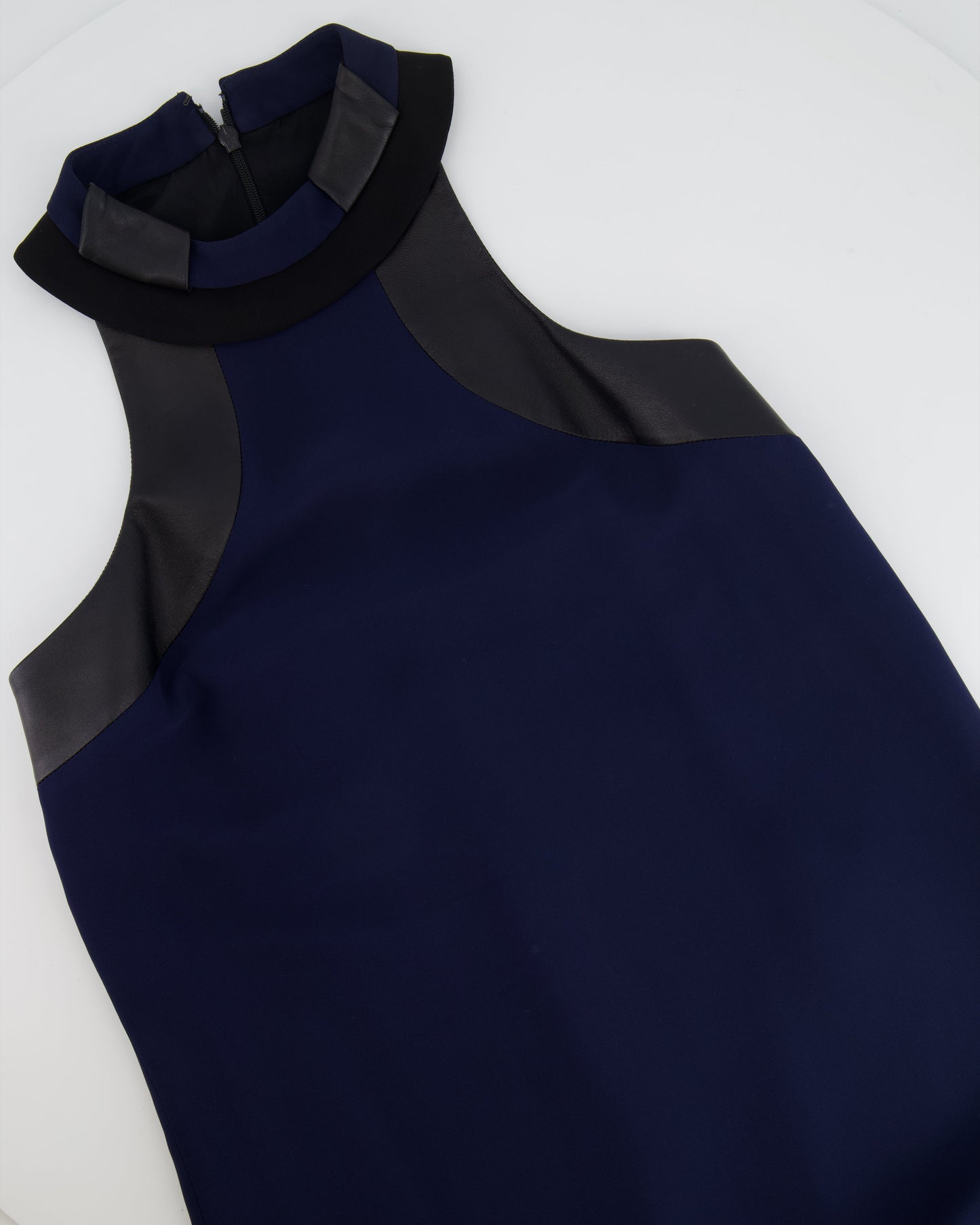Luxury Gucci Navy Silk Sleeveless Dress with Black Leather Details Size IT 38 (UK 6)