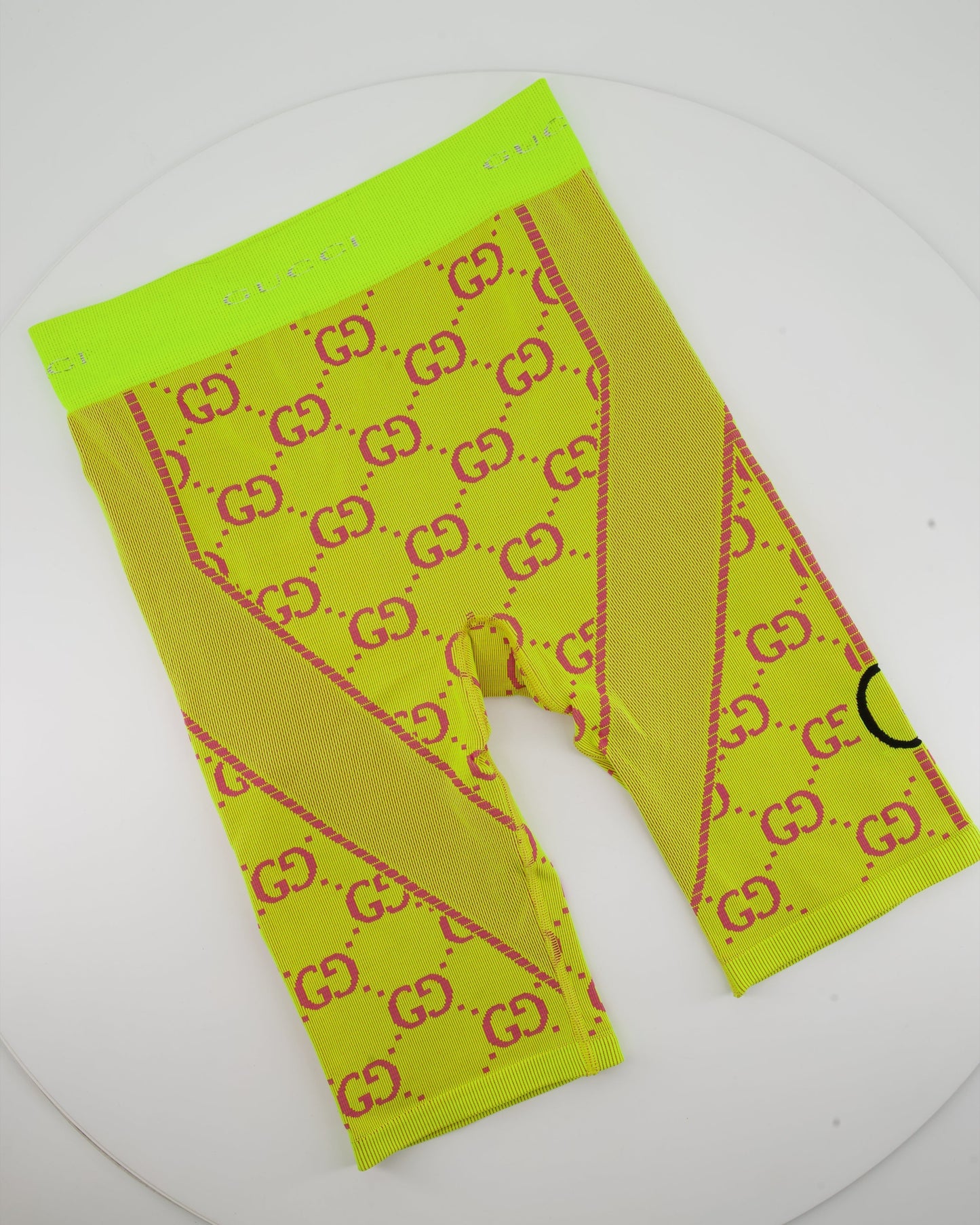 Luxury Gucci Neon Yellow Interlocking G Jacquard Cycling Shorts Size S (UK 8)  466