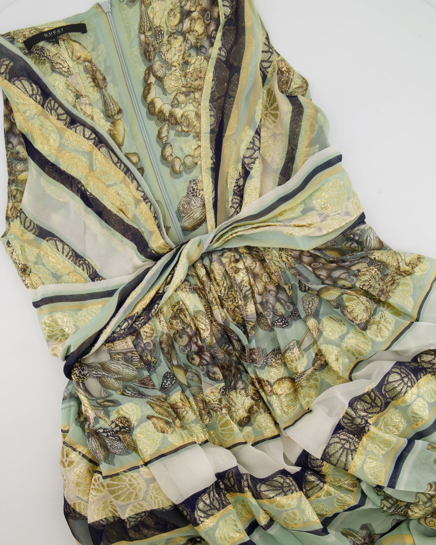 Luxury Gucci Pastel Green Printed Long Silk Dress with Gold Embellishments Size IT 38 (UK 6)