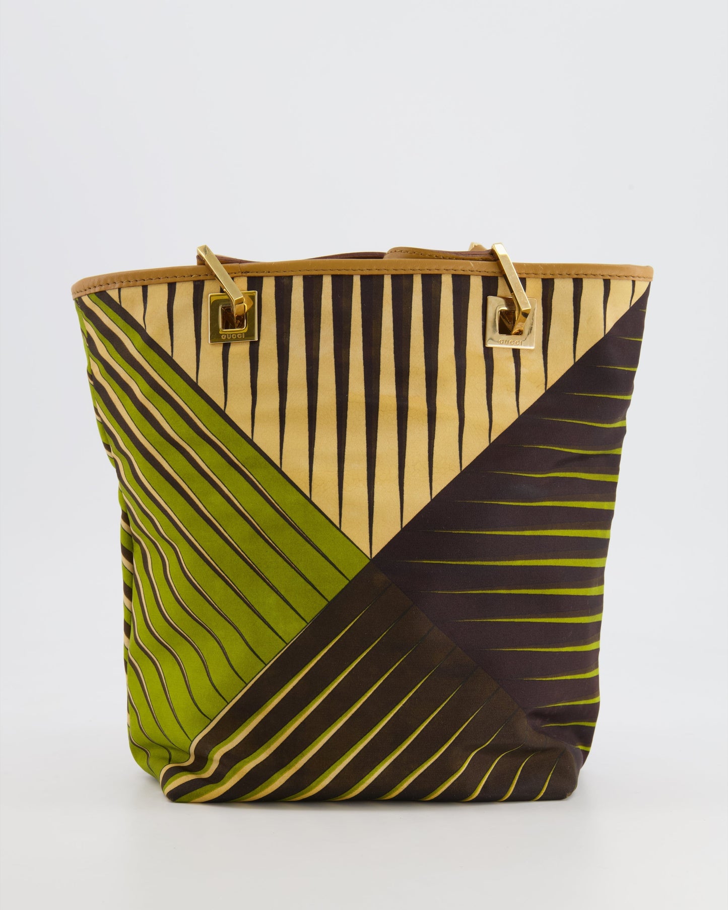 Luxury Gucci Vintage Green and Brown Printed Mini Tote Bag with Gold Hardware