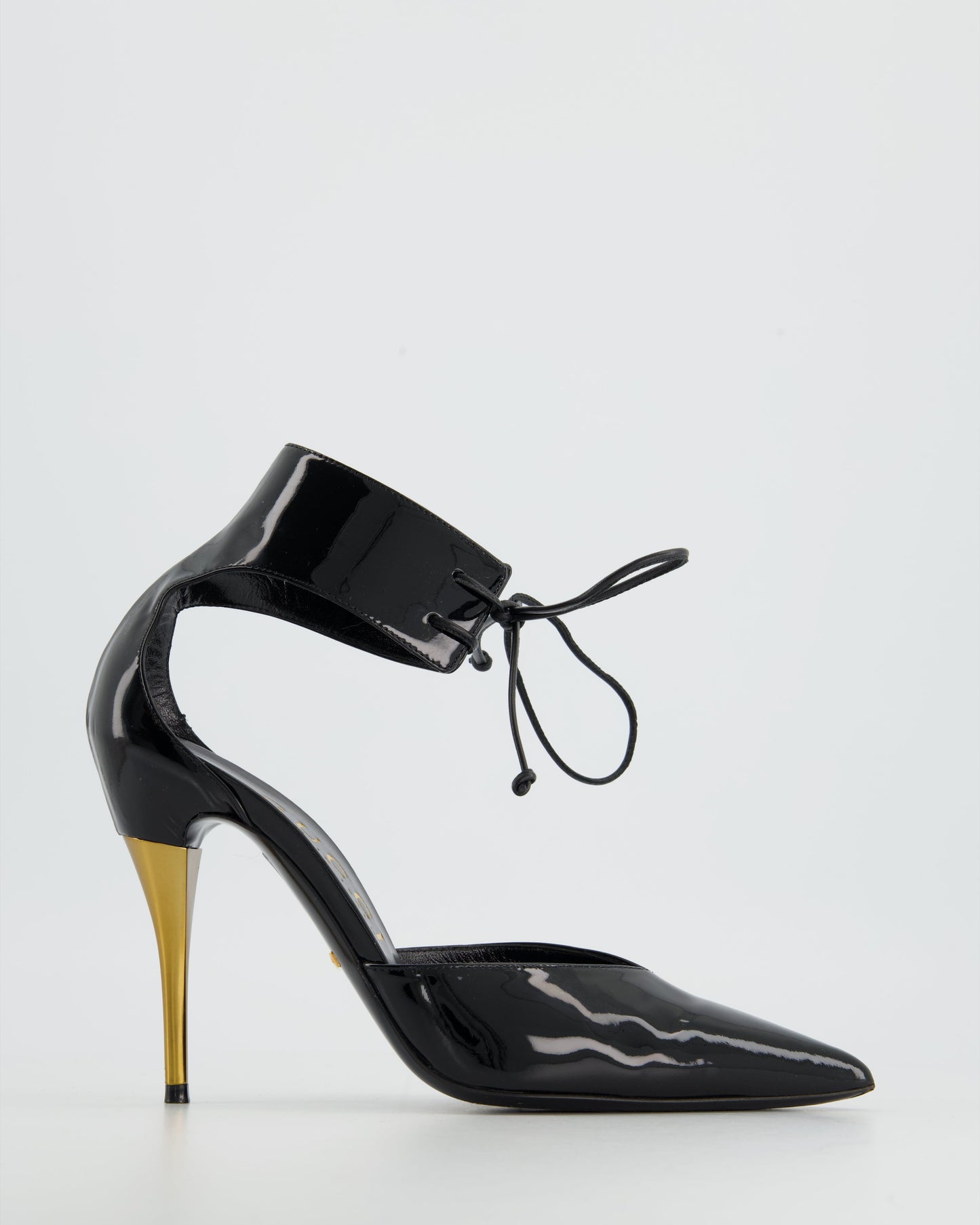 Luxury Gucci Trending 2025 Black Patent Leather Heels With Gold Heels & Ankle Strap Detailing Size EU 39