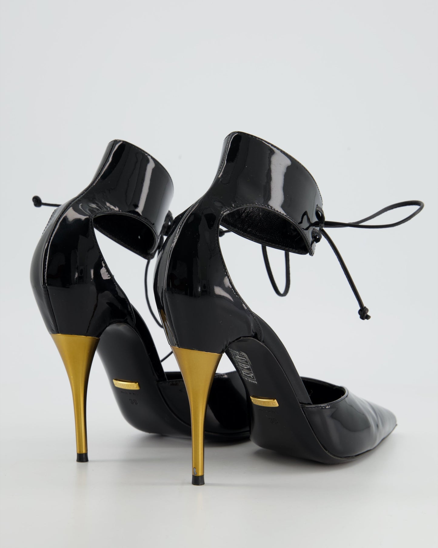 Luxury Gucci Trending 2025 Black Patent Leather Heels With Gold Heels & Ankle Strap Detailing Size EU 39