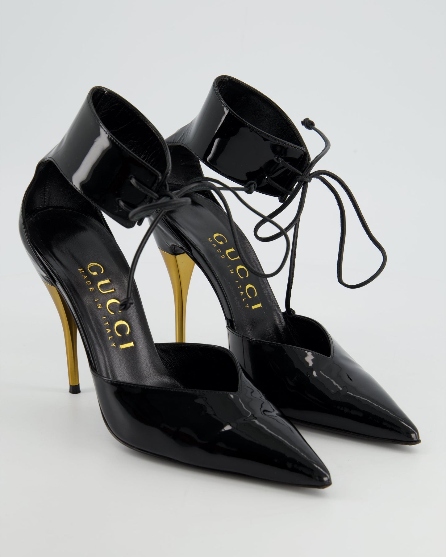 Luxury Gucci Trending 2025 Black Patent Leather Heels With Gold Heels & Ankle Strap Detailing Size EU 39