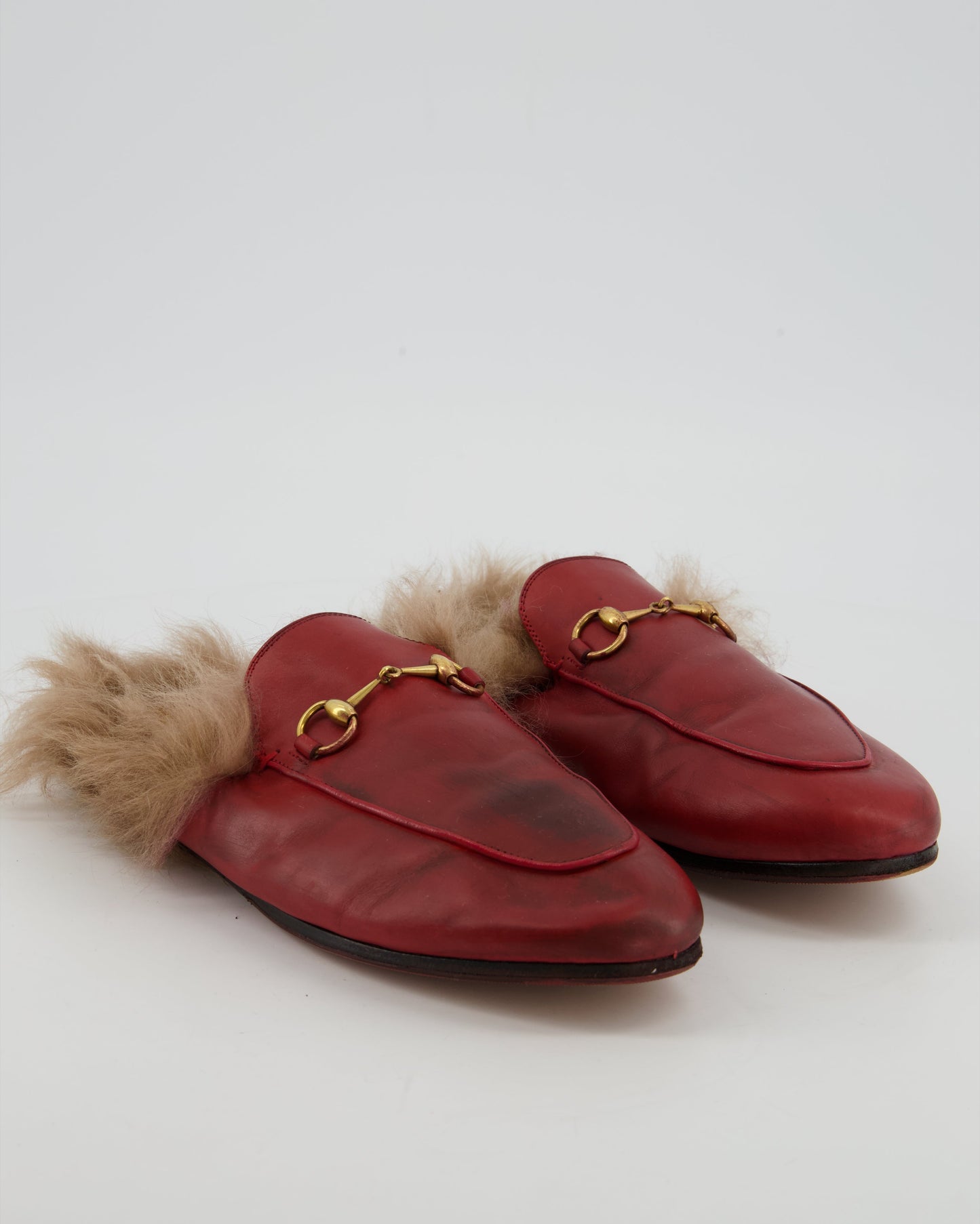 *FIRE PRICE* Luxury Gucci Burgundy Princetown Horsebit Shearling-Lined Leather Backless Loafers Size EU 39  815