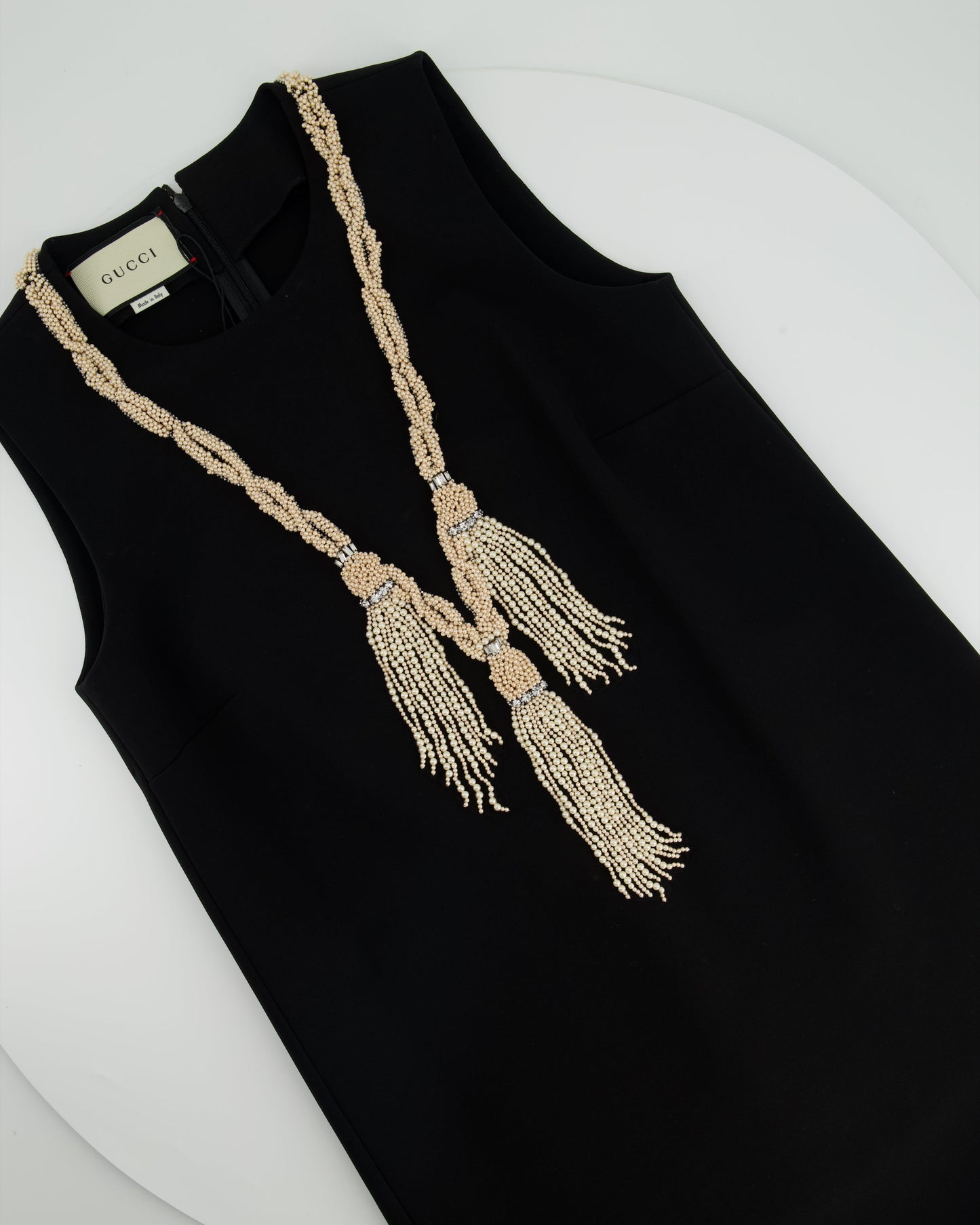 Luxury Gucci Trending 2025 Black Mini Dress with Embellished Pearl Detail Size M